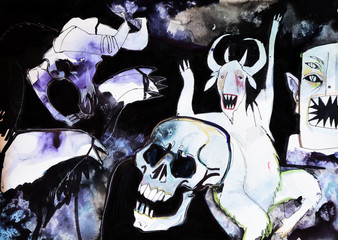 Dark illustration of dancing monsters and devils