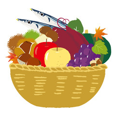 Basket with autumn fruits and vegetables on white background. Vector illustration of the autumn harvest. The background with fresh, natural foods and autumn leaves.