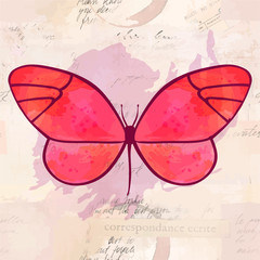 Vector watercolor butterfly on faded old ephemera texture