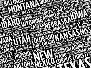 USA cities names word cloud collage, travel concept background