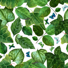 Seamless pattern with watercolour leaves and butterflies