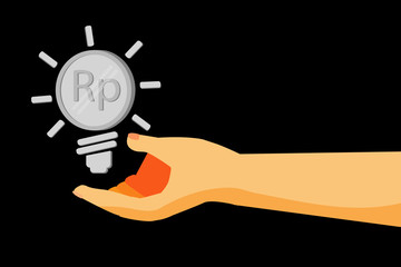 Hand - Give a Business Idea - (Silver Rupiah Coin), at Black Background 
