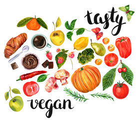 Vector set of watercolor food with handwritten words and butterflies