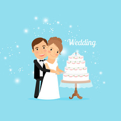 Bride and groom with wedding cake. Vector illustration