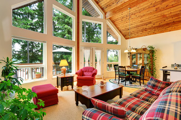 Open floor plan living room interior with dining area
