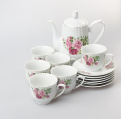 tea set or porcelain tea set on background.