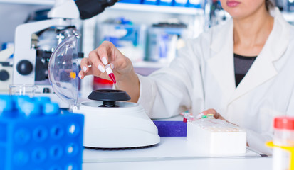 Young woman work with PCR centrifuge in laboratory