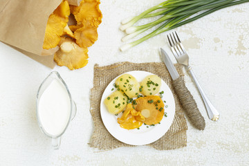 Top view on the forest chanterelle mushrooms with sour cream and green onions