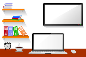 Office Room, with hanging shelf, and LED or LCD TV at white wall
