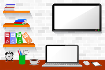 Office Room, with hanging shelf, and LED or LCD TV at white brick wall
