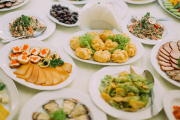 Table set for an classy event - close up on the served food and kitchenware with napkins