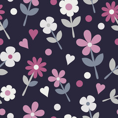 Seamless pattern with decorative flowers and polka dots. Print. Cloth design, wallpaper.
