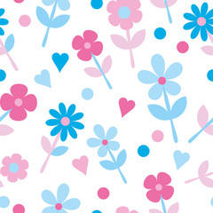 Seamless pattern with decorative flowers and polka dots. Print. Cloth design, wallpaper.