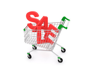 Shopping cart isolated on white, concept of discount