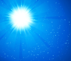 Blue sky and sun. Realistic Blur Design With Burst Rays. Abstract Shining Background.