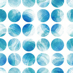 Seamless blue and aqua pattern based on white watercolor paper and hand drawn with brush and liquid ink circles in circle texture. Geometric illustration.