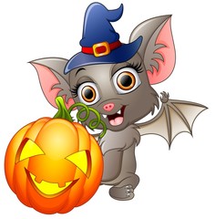 Bat cartoon with a witch hat and pumpkin