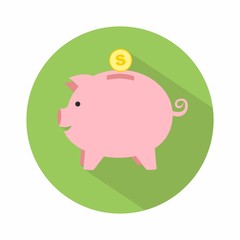 Piggy bank icon in flat style with shadow and falling coins. Vector illustration