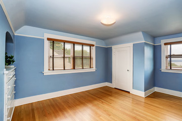 Empty living room interior with blue walls and hardwood floor.