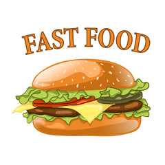 Burger isolated on white background. Cheeseburger vector illustration. Hamburger icon. Fast food concept. 