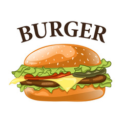 Burger isolated on white background. Cheeseburger vector illustration. Hamburger icon. Fast food concept. 