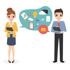 woman and a man using tablet communication. Flat design style mo