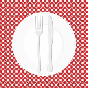 Empty plate with knife and fork. Dish fork and knife on a red tablecloth in a cage