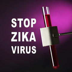 Zika virus danger concept. Text stop zika virus with blood sample in test tube, closeup.