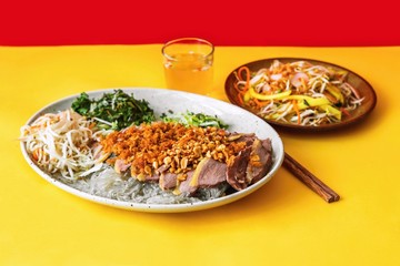 Portion of roasted duck,noodle and salad,asian food on yellow-red background