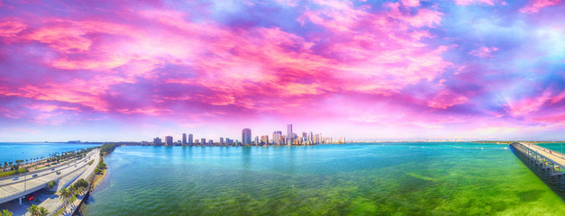 Miami. Rickenbacker Causeway and Downtown aerial view at dusk