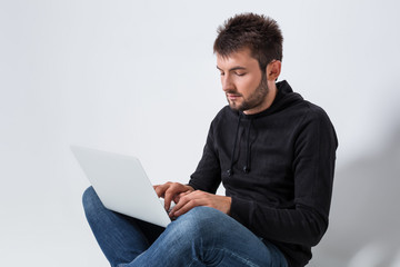 emotional man and notebook