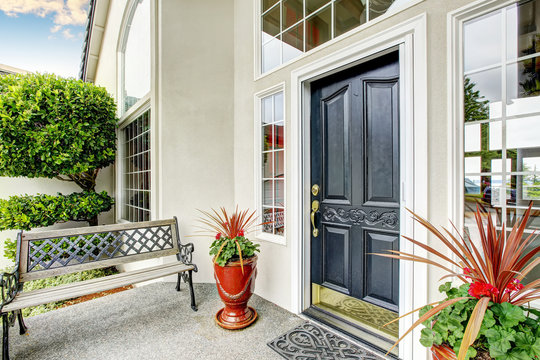 Luxury House Entry Way Exterior With Concrete Floor Porch.