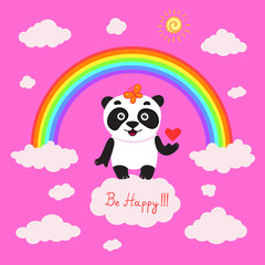 Cute panda holding a heart on a cloud under a rainbow on a pink background. Vector illustration. Greeting card