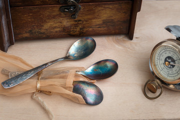 still life, antique copper spoon, old time, three, hand pocket barometer