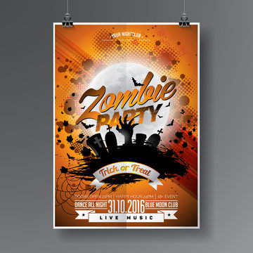 Vector Halloween Zombie Party Flyer Design with typographic elements on orange background. Graves and moon.
