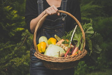 Woman farmer holding a basket of vegetables