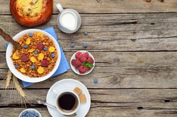 Healthy breakfast with text space, top view. Health and diet concept.