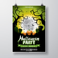 Vector Halloween Party Flyer Design with typographic elements and pumpkin on green background. Graves, bats and moon.