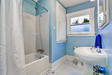 Bathroom interior in light blue tones with shower bath tub