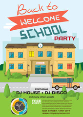 Vector school party invitation disco style. Meeting of graduates