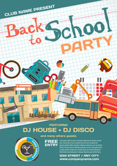 Vector school party invitation disco style. Meeting of graduates
