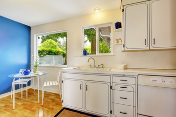 Fototapeta na wymiar Kitchen room with white cabinets, blue walls and glass able