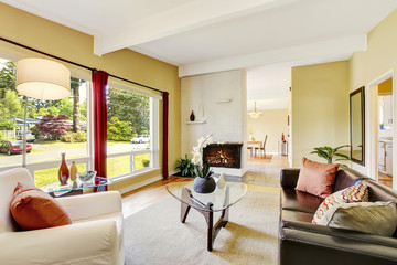 Modern living room with two windows and glass coffee table.