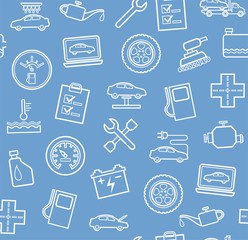 Repair and maintenance of vehicles, seamless gray-blue background. Vector flat background with drawings of services an auto repair shop. White, linear image on a light blue background. 