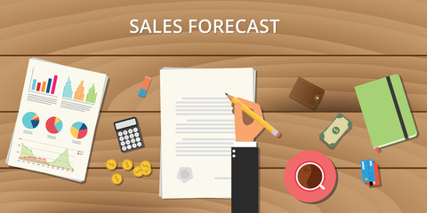 sales forecast illustration with wooden table with graph chart money paper document and business man sign