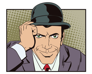 People in retro style. Men welcome gesture.