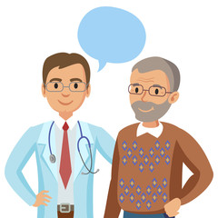 Doctor and senior patient. Man talking to physician. Vector 