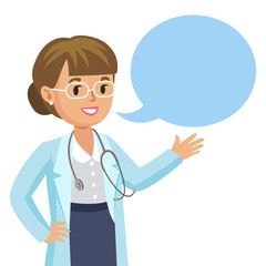 Smiling doctor with speech bubble. Happy physician. Vector