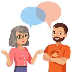 Obraz premium Woman talking with a computer specialist. Vector illustration.