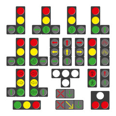 Set of different traffic lights isolated on white.
